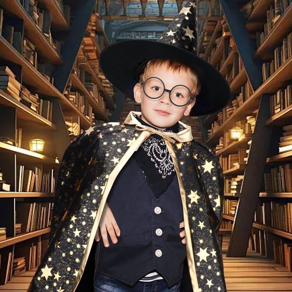 Lncojolm Wizard Robe Cape Hat Wand Witch Cloak Magician Costumes For Kids Boy Girl Cosplay Pretend Play Birthday Party Accessori