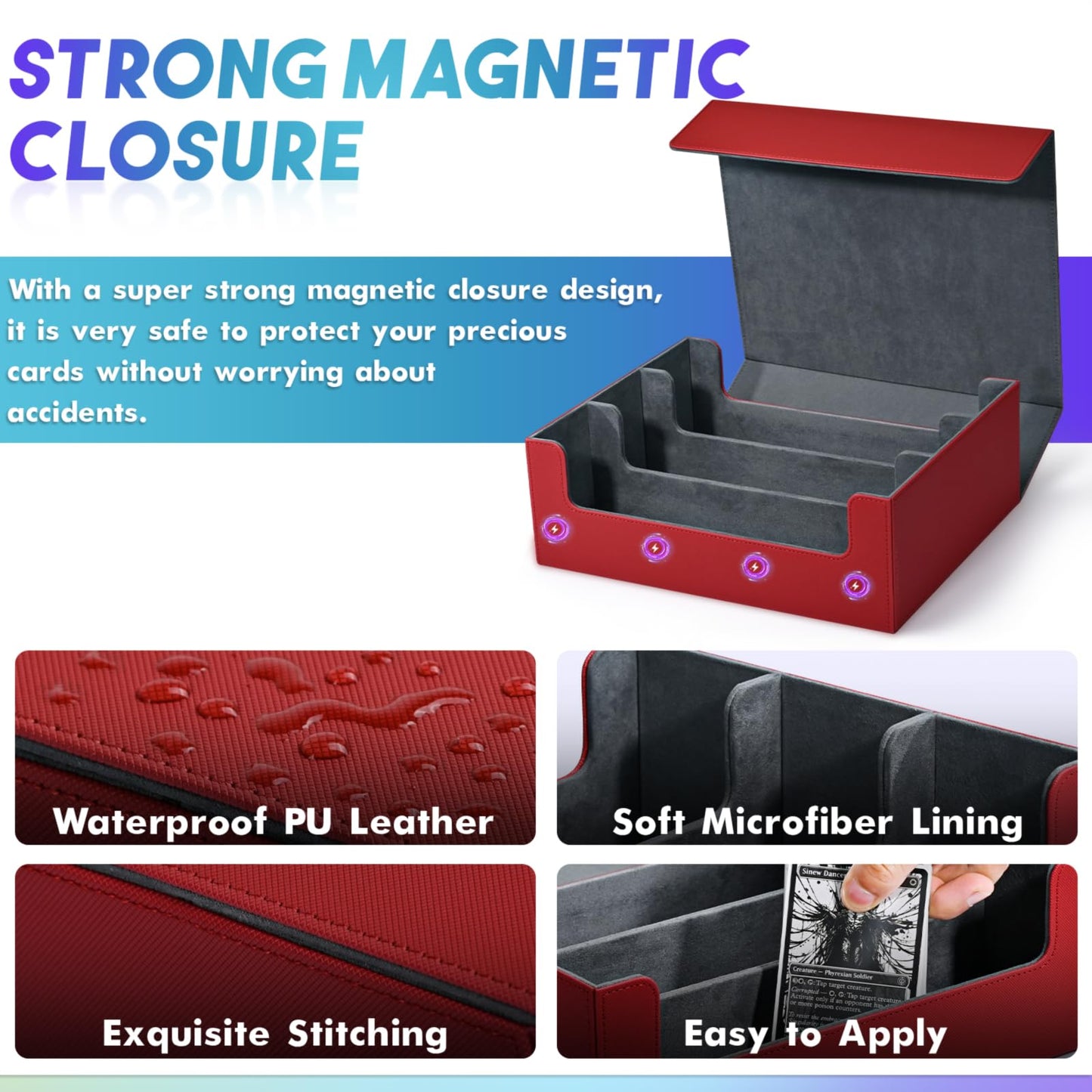 Uaono Card Storage Box For Trading Cards, Premium Card Deck Case Holds 1800+ Single Sleeved Cards For Mtg Yugioh Tcg, Strong Magnet Card Box Fits Magic Game Cards (Red)