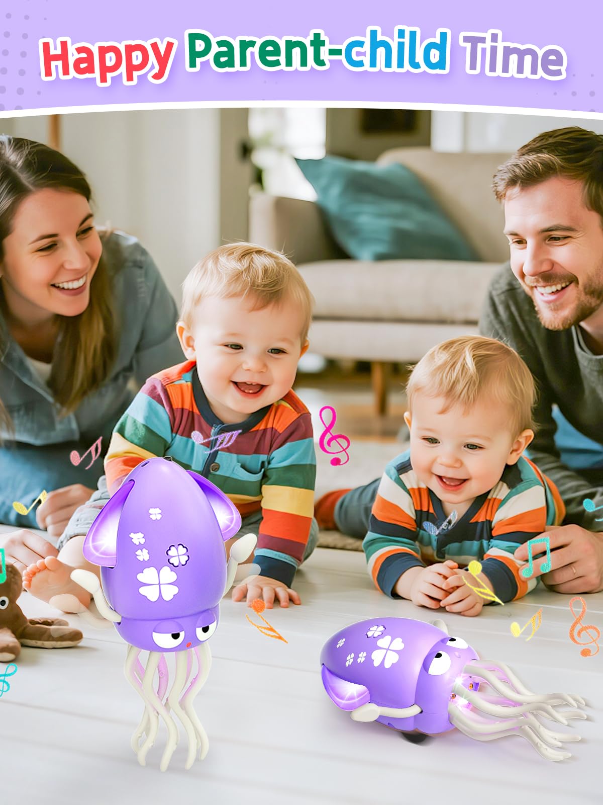 Dancing Squid Baby Toy Gifts, Dancing Octopus Tummy Time Toys, Crawling Octopus with Music and Light, Squid Baby Toy for 3 4 5 6