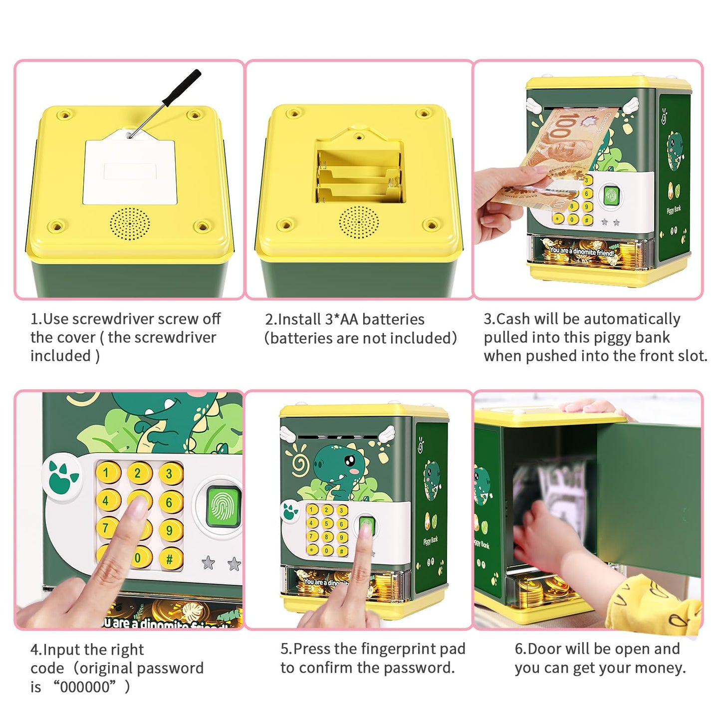 AIQI Dinosaur Electronic Piggy Bank for Boys,Mini ATM Toys of Kids,Savings Machine with Personal Password & Fingerprint Unlockin