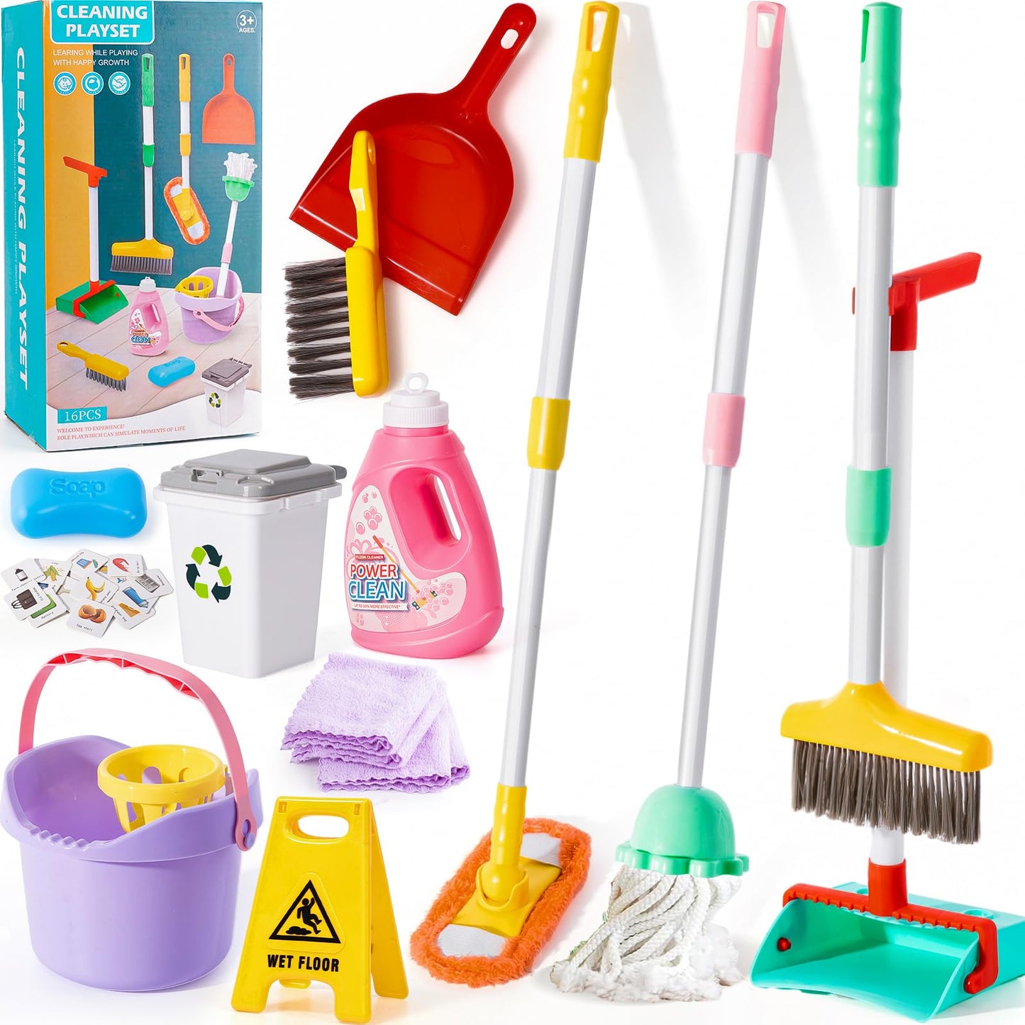 Tuzt 14Pcs Toddler Kids Cleaning Toy Set, Kids Adjustable Mop Broom & Dustpan Set, House Cleaning Tool Toys For Toddlers 1-3,Mon