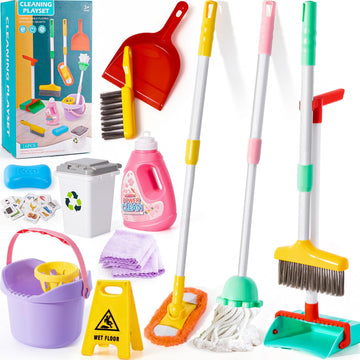 Tuzt 14Pcs Toddler Kids Cleaning Toy Set, Kids Adjustable Mop Broom & Dustpan Set, House Cleaning Tool Toys For Toddlers 1-3,Mon