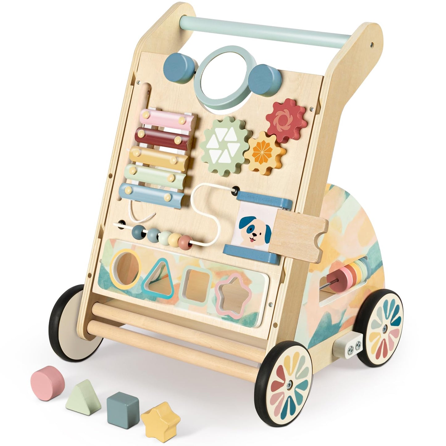 BAUTIA Wooden Baby Walker, Detachable Activity Busy Board, Baby Walking Toys Push Walkers for Babies 6-12 Months