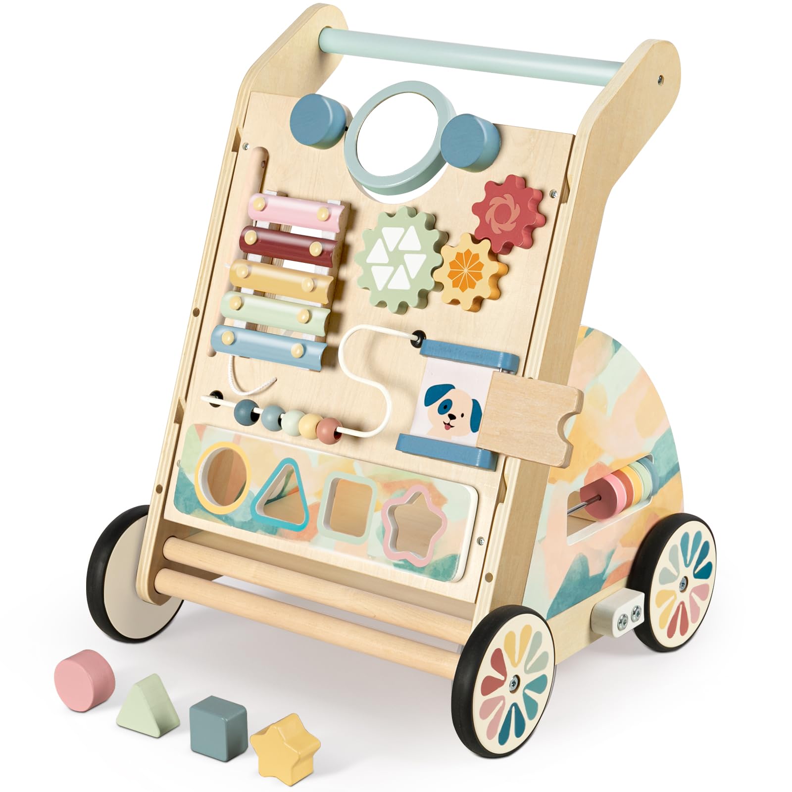 BAUTIA Wooden Baby Walker, Detachable Activity Busy Board, Baby Walking Toys Push Walkers for Babies 6-12 Months