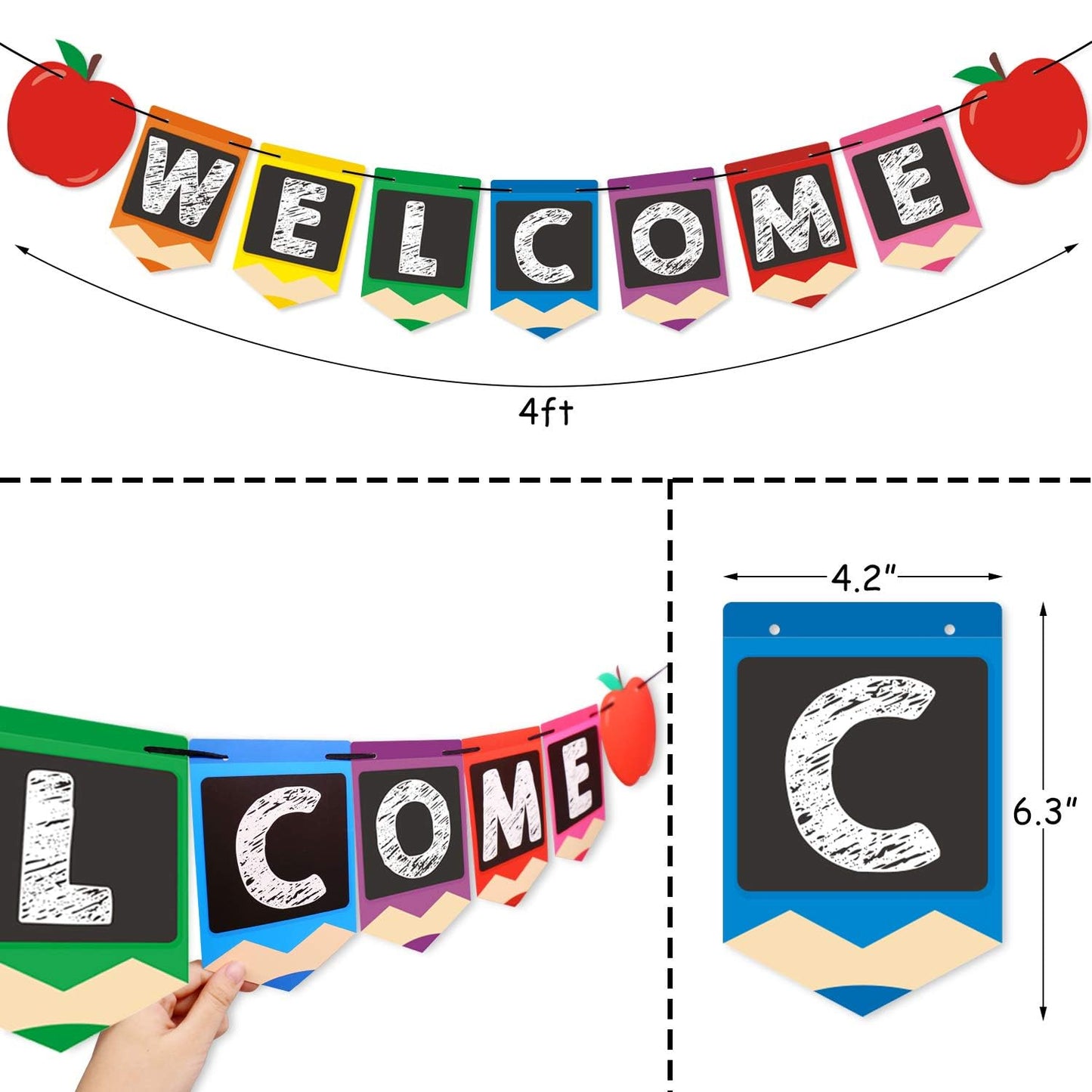 Bessmoso Welcome Banner Kids Back to School Party Decoration Apple Pencil Stationery Garland First Day of School Ideas New Grade