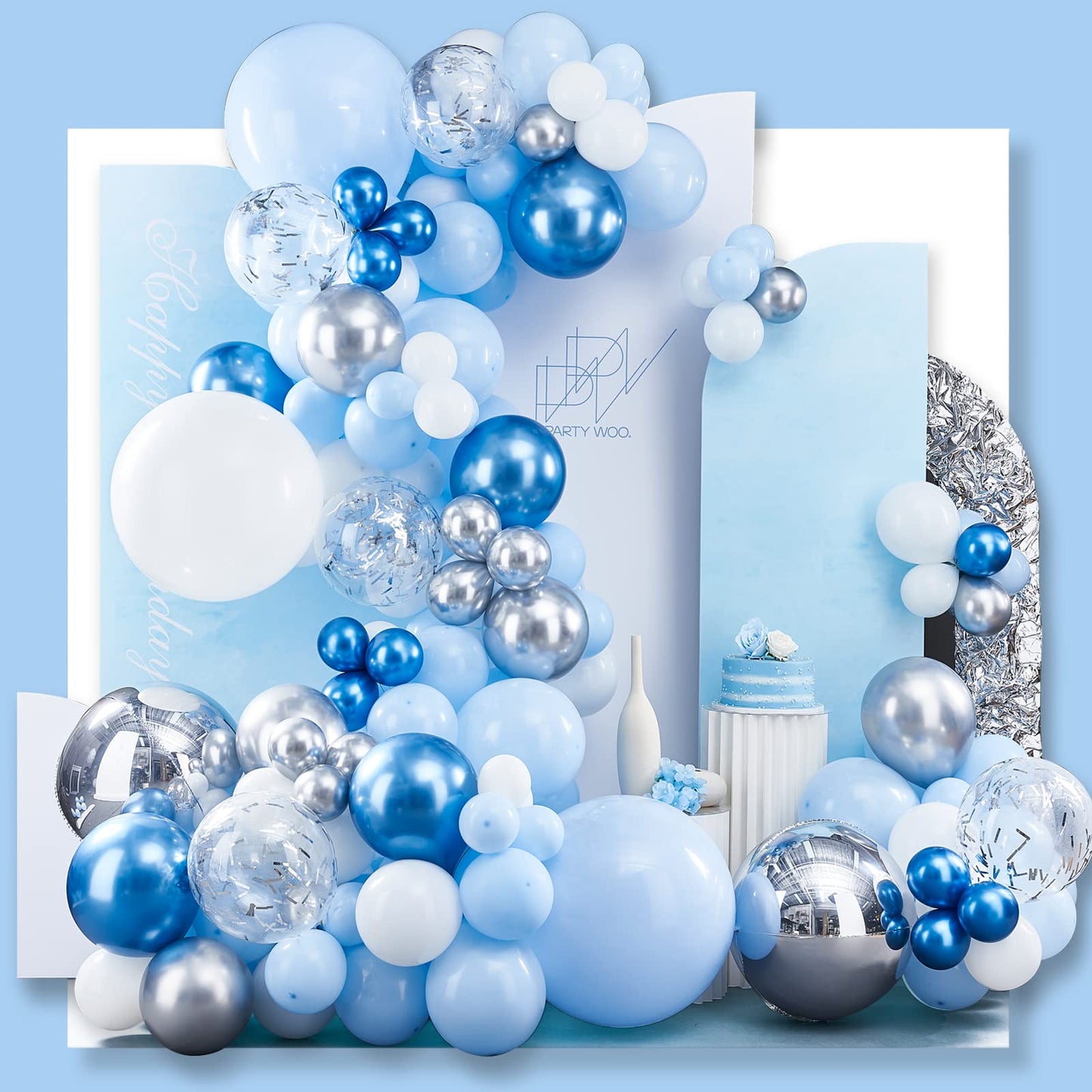 Partywoo Blue Balloon Garland Kit, 140 Pcs Blue And White Balloon Arch Kit, 4D Silver Balloons, Metallic Balloons, Confetti Balloons For Baby Shower Decorations, Birthday Decorations, Baptism