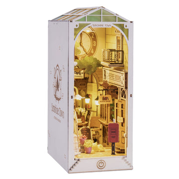 Rowood Book Nook Bookshelf Insert 3D Wooden Puzzle, Diy Bookend Decor Building Set Model Kit With Led Light For Adults Kids - Sunshine Town