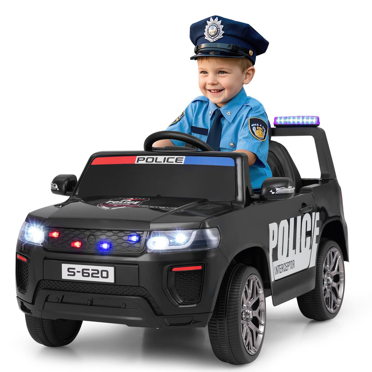 OLAKIDS Ride on Police Car, 12V Kids Battery Powered Electric Vehicle with Siren, Flashing Lights, Bluetooth, Music, MP3, USB, P