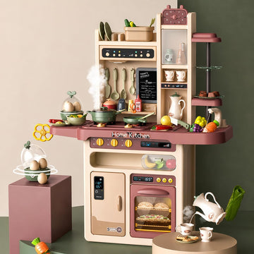 Kids Kitchen Set with Pretend Play Accessories, Water Spray Cooking Effect, Toy Oven, Sink, Storage Shelves & Kitchen Utensils, 