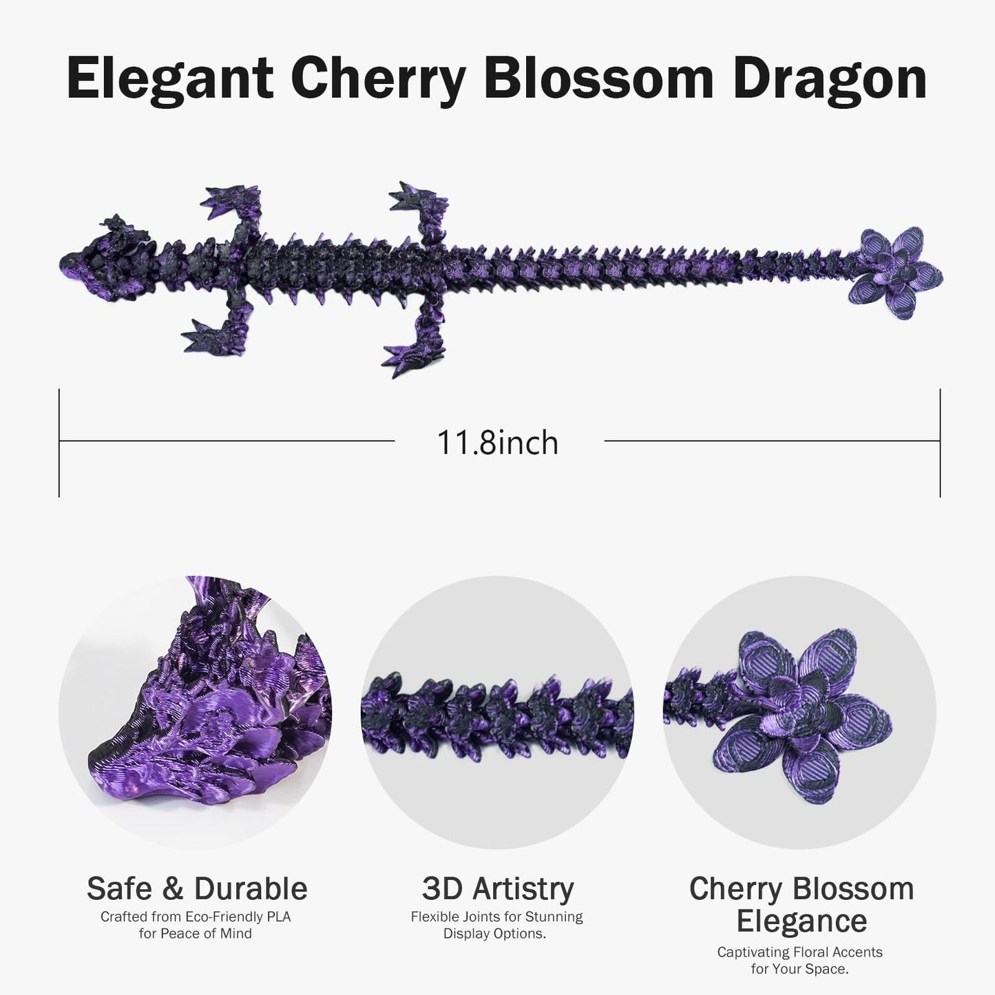 Outgoto 3D Printed Cherry Blossom Dragon - 11.8In Realistic Articulated Dragon Fidget Toy, Desk D  Cor And Collectible (Black Pu