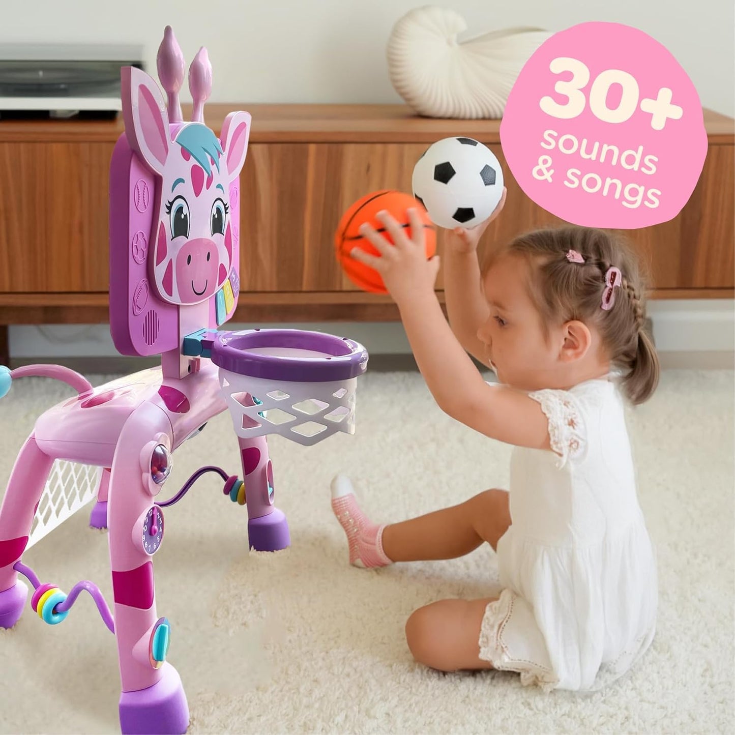 Move2Play, Giraffe Basketball Hoop & Soccer Goal Activity Center | 30+ Sounds & Lights | 1, 2, 3+ Year Old Christmas Gift & Birthday Present | 6, 12, 18, 24+ Month Toy For Baby, Toddler, Boys, & Girls