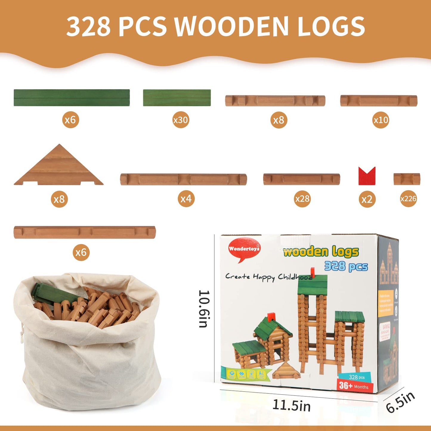 Wondertoys 328 Pcs Wooden Logs Set Ages 3+, Classic Building Log Toys For Kids, Creative Construction Engineering Educational Gi