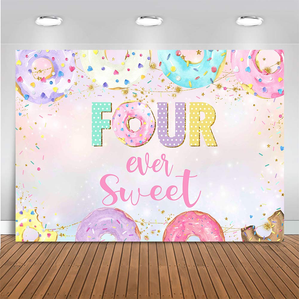 Mocsicka 4th Donut Birthday Backdrop Four Ever Sweet Donut Birthday Party Decoration Background Toddler Girl 4th Birthday Party 