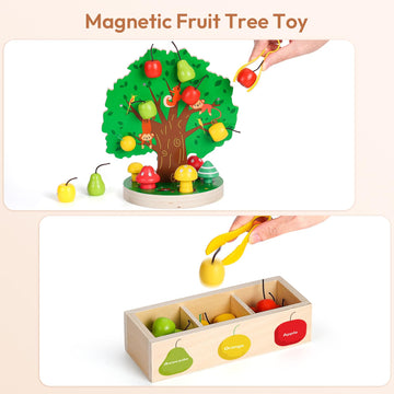 Woodtoe Toddler Fine Motor Skill Toys - Apple Picking Magnetic Fruit Tree Toy | Montessori Wooden Color & Shape Sorting Puzzle |