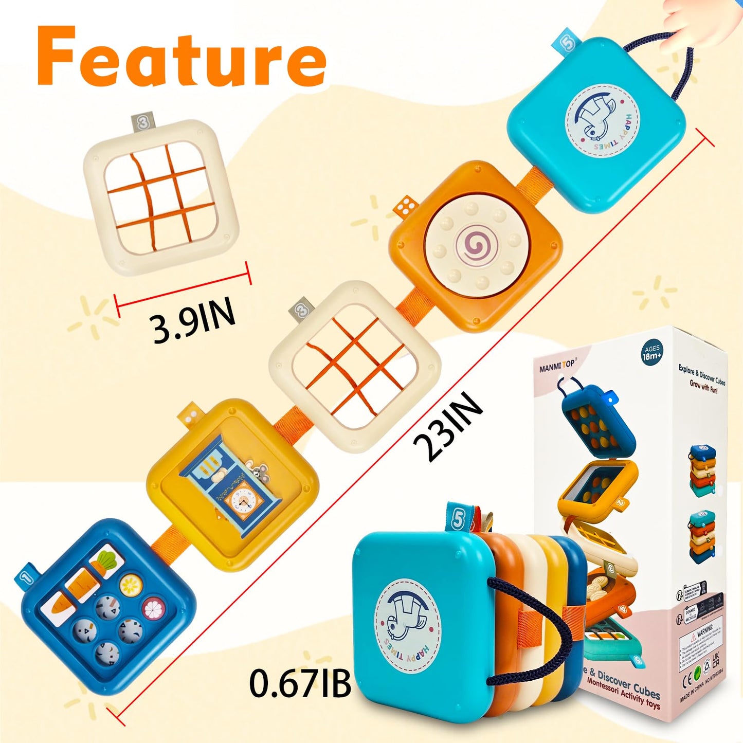 weirtoya Busy Board for 1 Year Old - Multicolor Montessori Travel Toy, Small Plastic Activity Cube for Toddlers, Model DDL-002