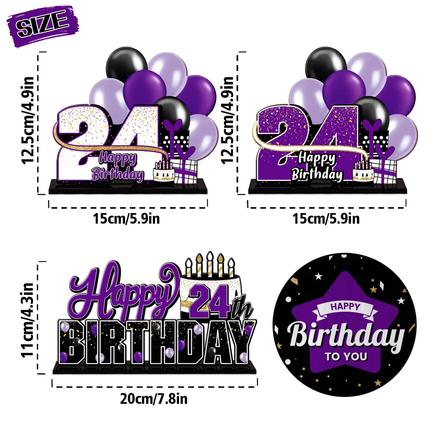 Lingteer Happy 24Th Birthday Purple Acrylic Table Topper Centerpieces Set - Cheers To 24 Years Old Birthday 24Th Bday Party Gift Decorations.