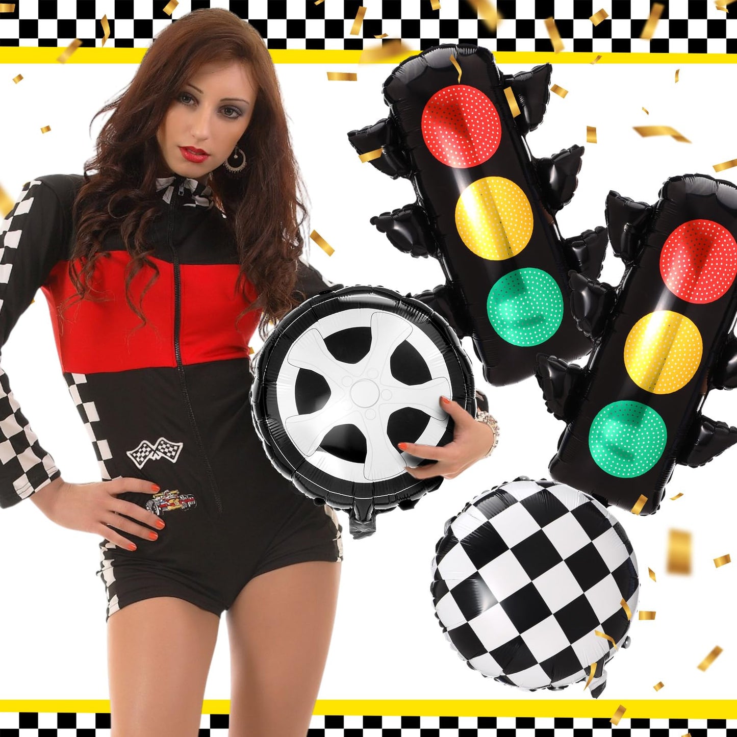 Charnoel 22 Pcs Race Car Balloons Inflatable Traffic Light, Foil Checkered and Tire Balloons, Transportation Decor for Construct