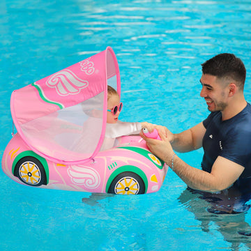 Swimbobo Toddler Pool Float Inflatable Car Baby Swim Float With Adjustable Sun Canopy And Safety Seat Pool Toys For Kids 3+ Years Old(Pink Green Car)