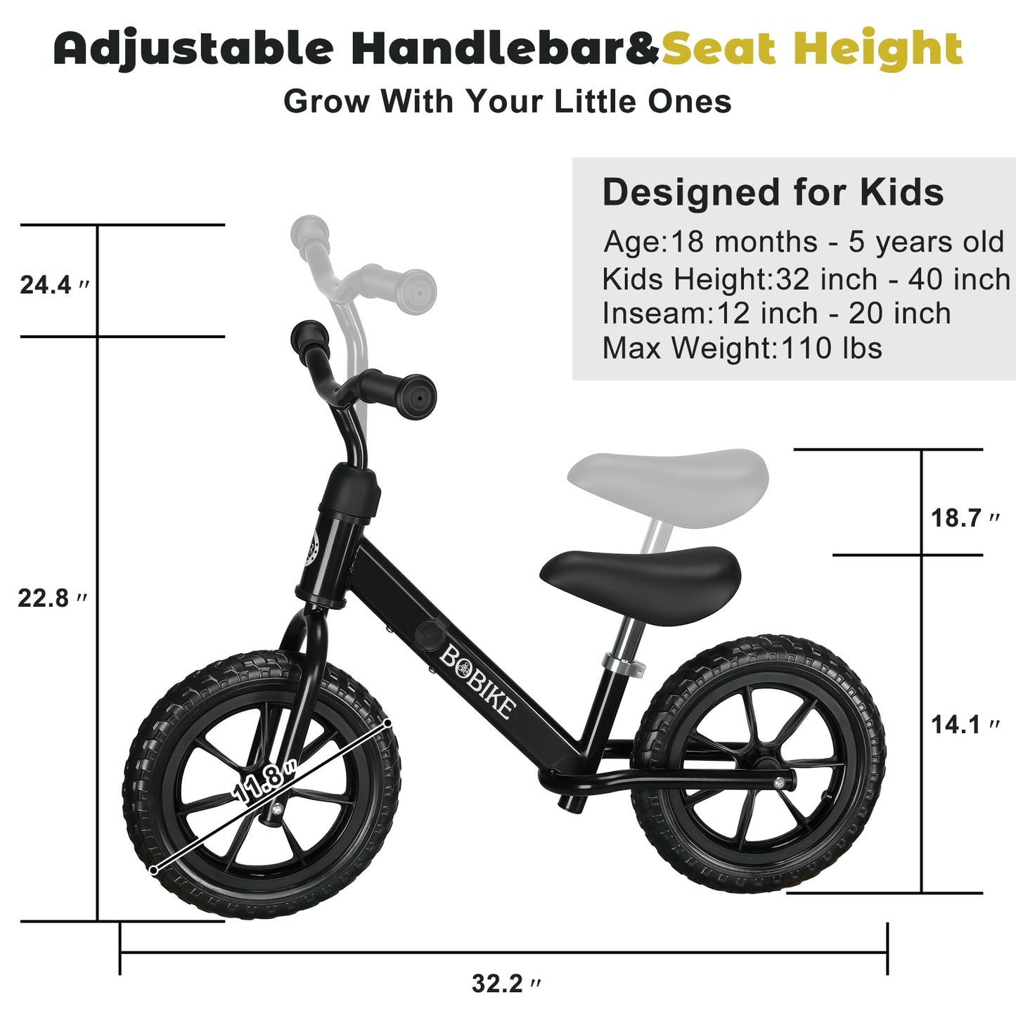Bobike Toddler Balance Bike Toys For 2 To 5 Year Old Girls Boys Adjustable Seat And Handlebar No-Pedal Training Bike Best Gifts For Kids (Black)
