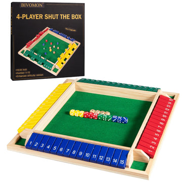 BIVOMON Upgraded Shut The Box Game - 4 Player Colorful Wooden Board Game with 15 Numbers & 16 Dices, 16.54''