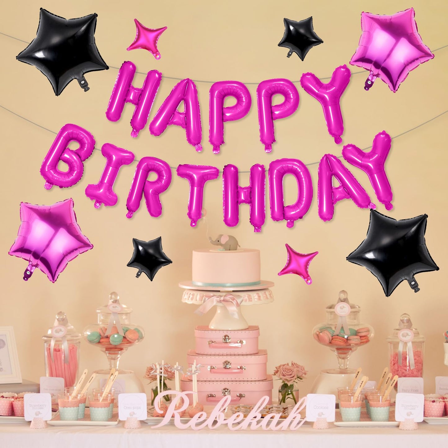 Happy Birthday Balloons Banner, Hot Pink Black Happy Birthday Foil Balloons 16 Inch Mylar Foil Letter Balloons With 8 Pcs Hot Pi