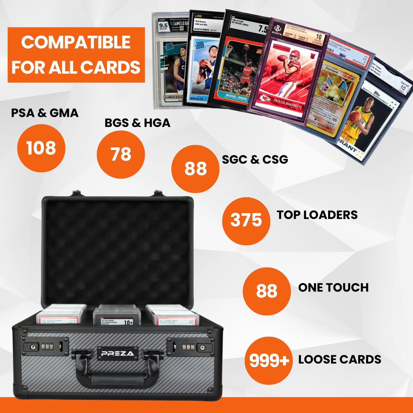 PREZA Graded Card Case - Slab Case for Graded Slabs - enhanced Trading Card Storage Box with Upgraded Combination and Key Lock (Large)