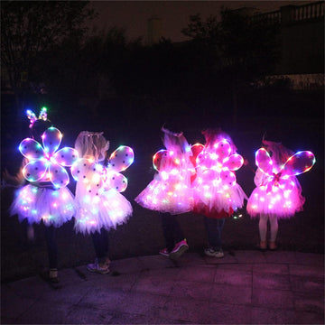 Purfeel Girls Led Light Up Angel Wings Kids Butterfly Wings Costume 4Pcs Sets Blue
