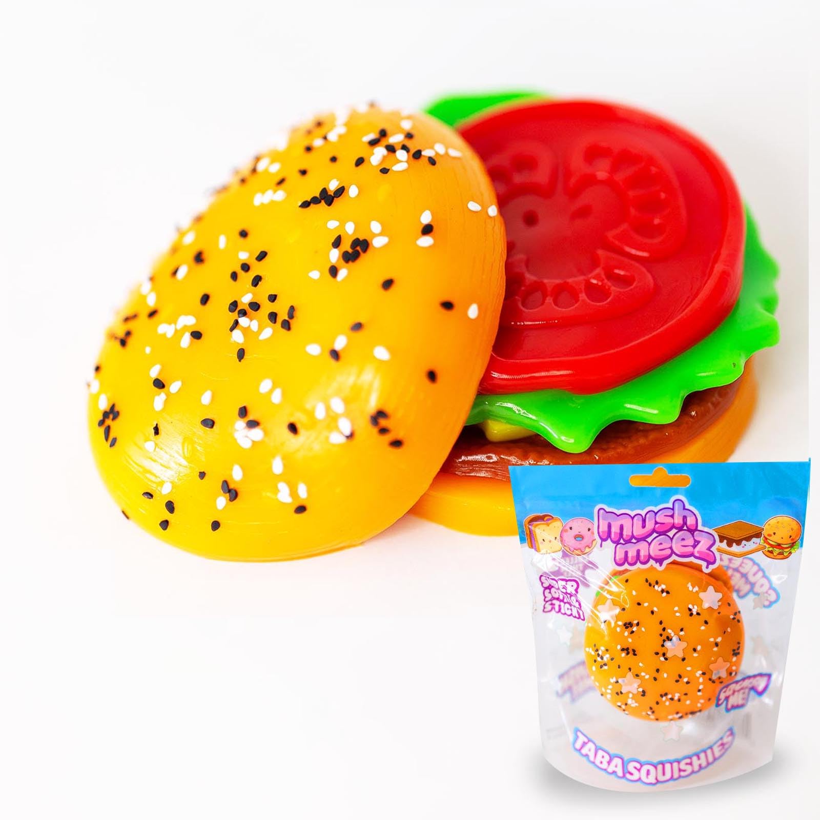 MushMeez Taba Squishy - Burger (Jumbo) Large, 3.5 Super Soft & Sticky Layered TABA Squishies - Squish, Squeeze, Great for Stress