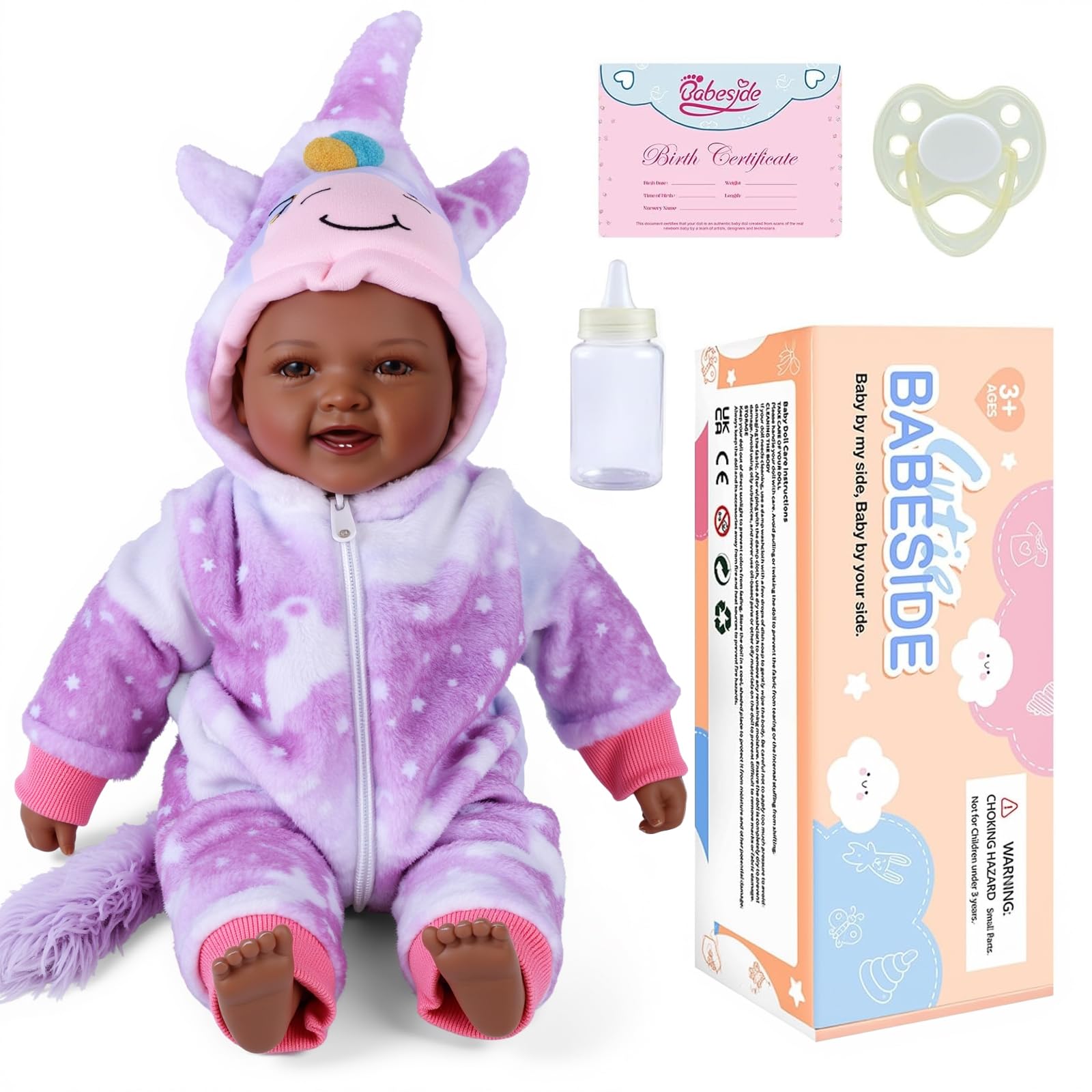 BABESIDE Value 5-Piece Black Baby Doll Set - Includes 17-Inch Lifelike Doll  Clothing  Birth Certificate  Bottle and Magnetic Pacifier  Soft Body Realistic Newborn Gift for Kids Age 3+