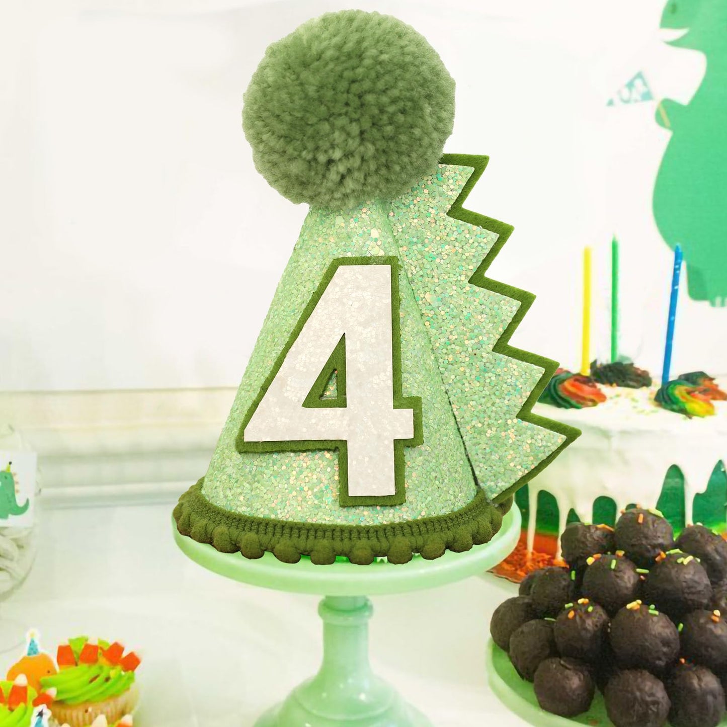 HODIHIWI Dinosaur 4th Birthday Hat Green Dino Theme Party Decoartion Favors For Boys Girls
