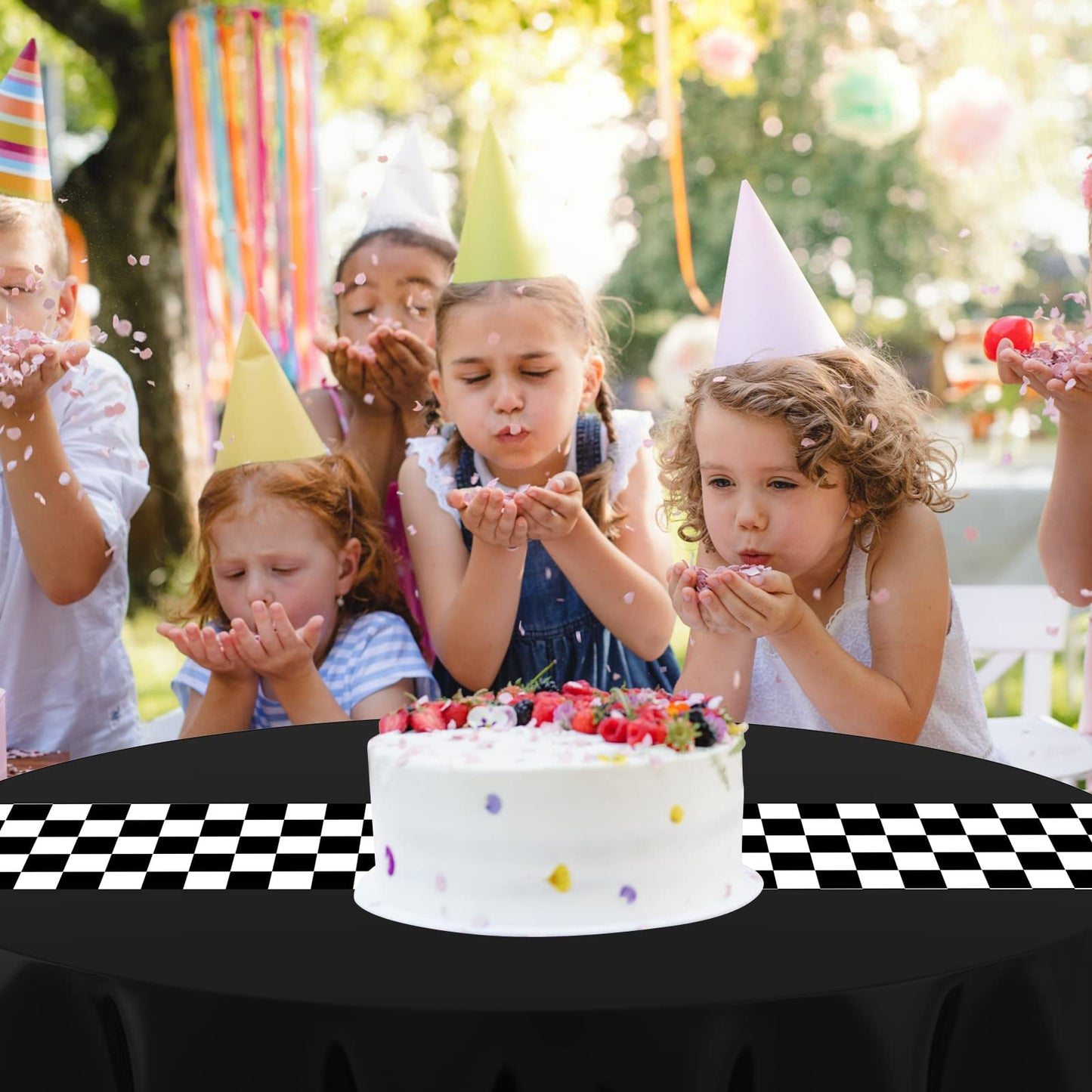 Oudain Cars Birthday Party Supplies Racing Party Decorations Round Racing Tablecloth Checkered Flag Table Covers Road Plastic Ta