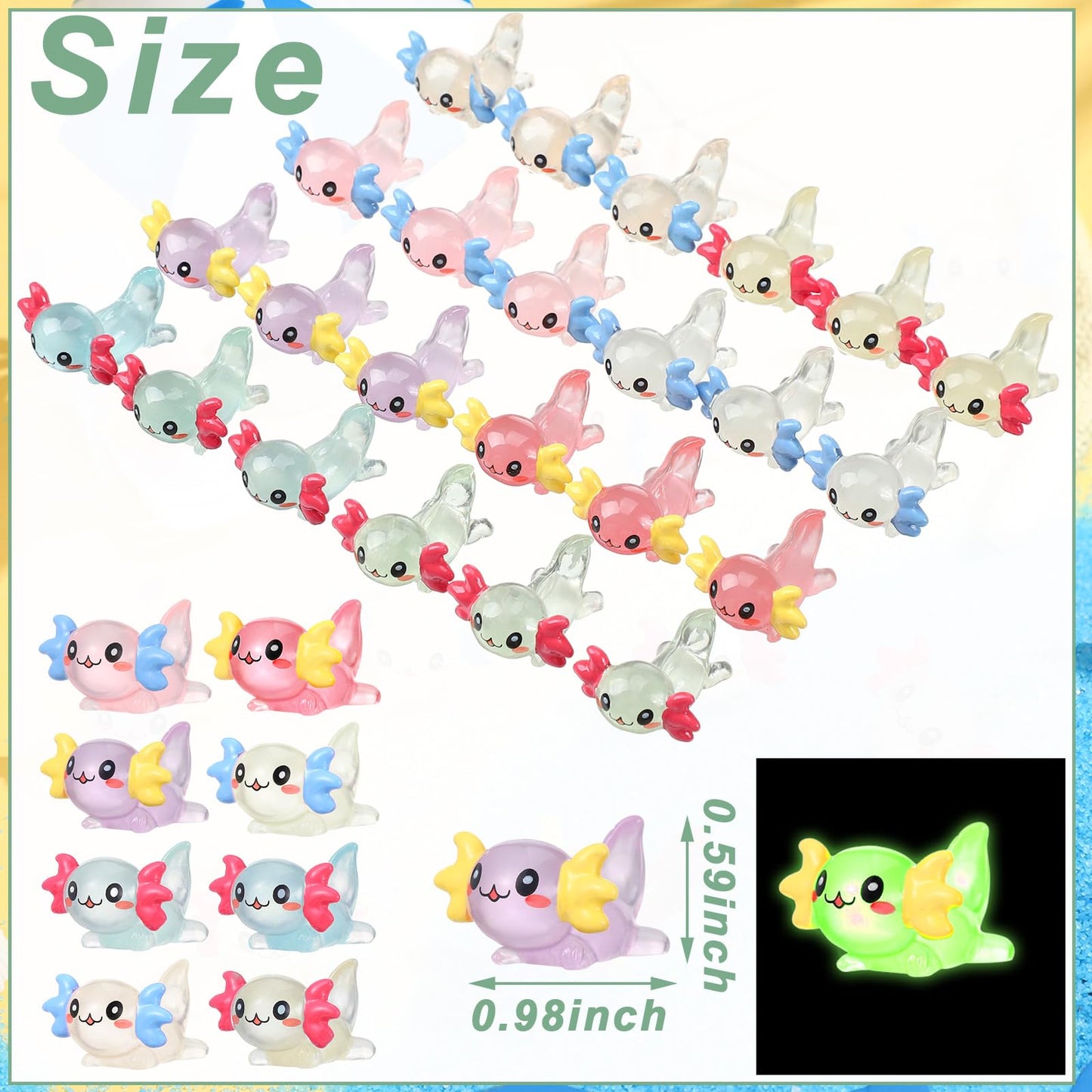 Ferraycle Mini Resin Axolotl Charms - 100 Pcs Luminous Tiny Animal Figurines for DIY Projects, Small, Diverse Colors