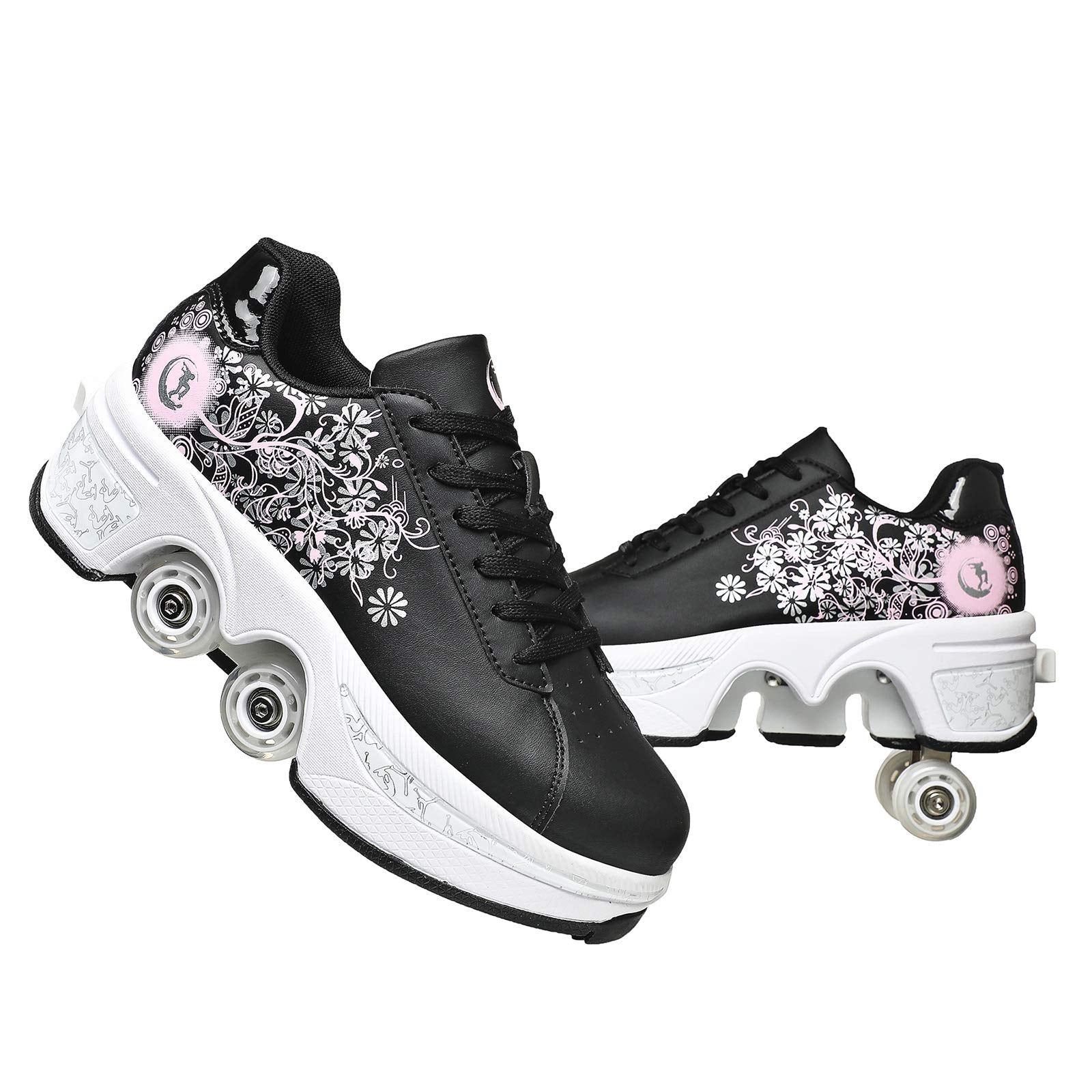 Double-Row Deform Wheel Automatic Walking Shoes Invisible Deformation Roller Skate 2 in 1 Removable Pulley Skates Skating Parkour (Black Powder  US 6.5)