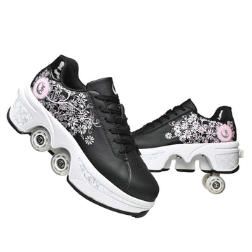 Double-Row Deform Wheel Automatic Walking Shoes Invisible Deformation Roller Skate 2 in 1 Removable Pulley Skates Skating Parkour (Black Powder  US 9.5)