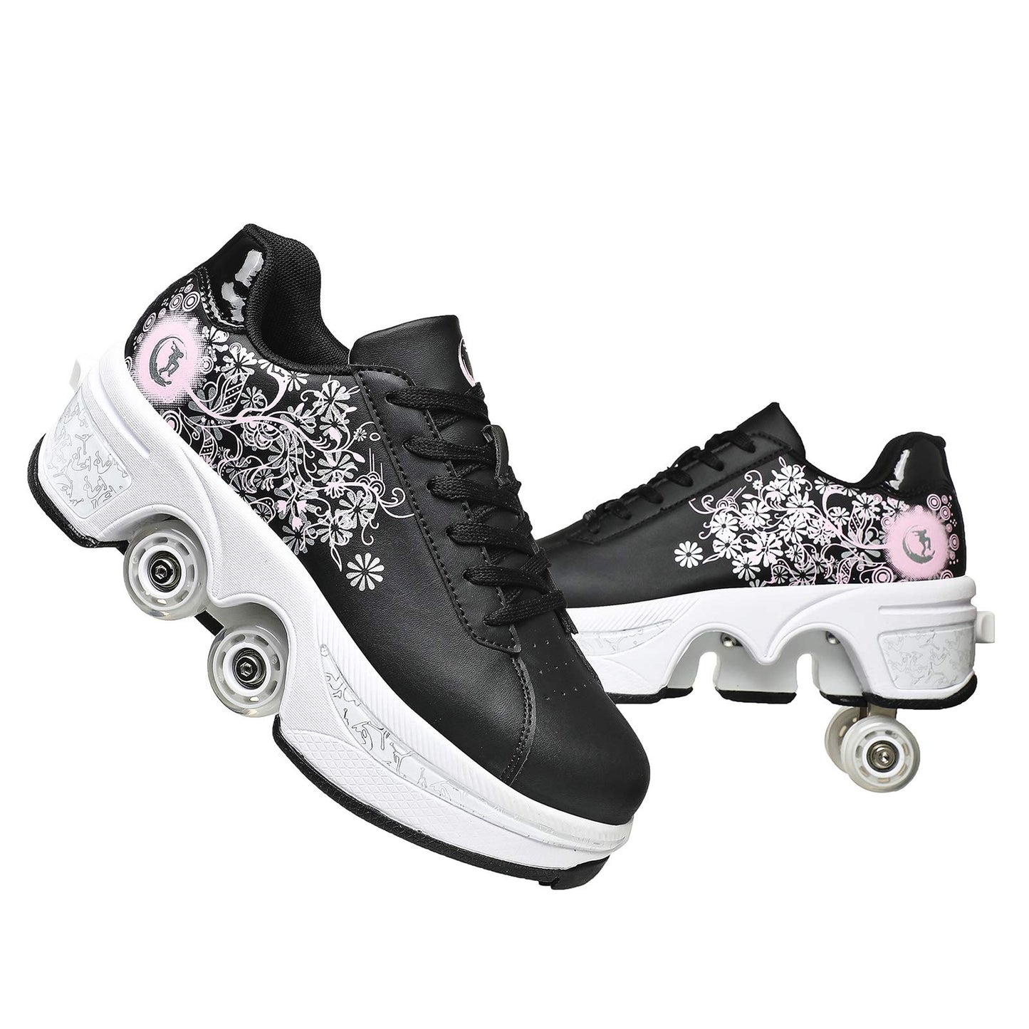 Double-Row Deform Wheel Automatic Walking Shoes Invisible Deformation Roller Skate 2 in 1 Removable Pulley Skates Skating Parkour (Black Powder  US9)