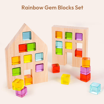 Woodtoe Wooden Building Blocks Set For Kids, 24 Pcs Rainbow Gem Cubes Stacking Blocks - 2 Wood House, Montessori Stacking Toy Fo
