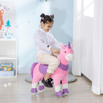Qaba Ride On Real Walking Unicorn With Sparkly Horn, Soft Plush Ride On Rocking Horse Bearing 176Lbs, Imaginative Interactive To