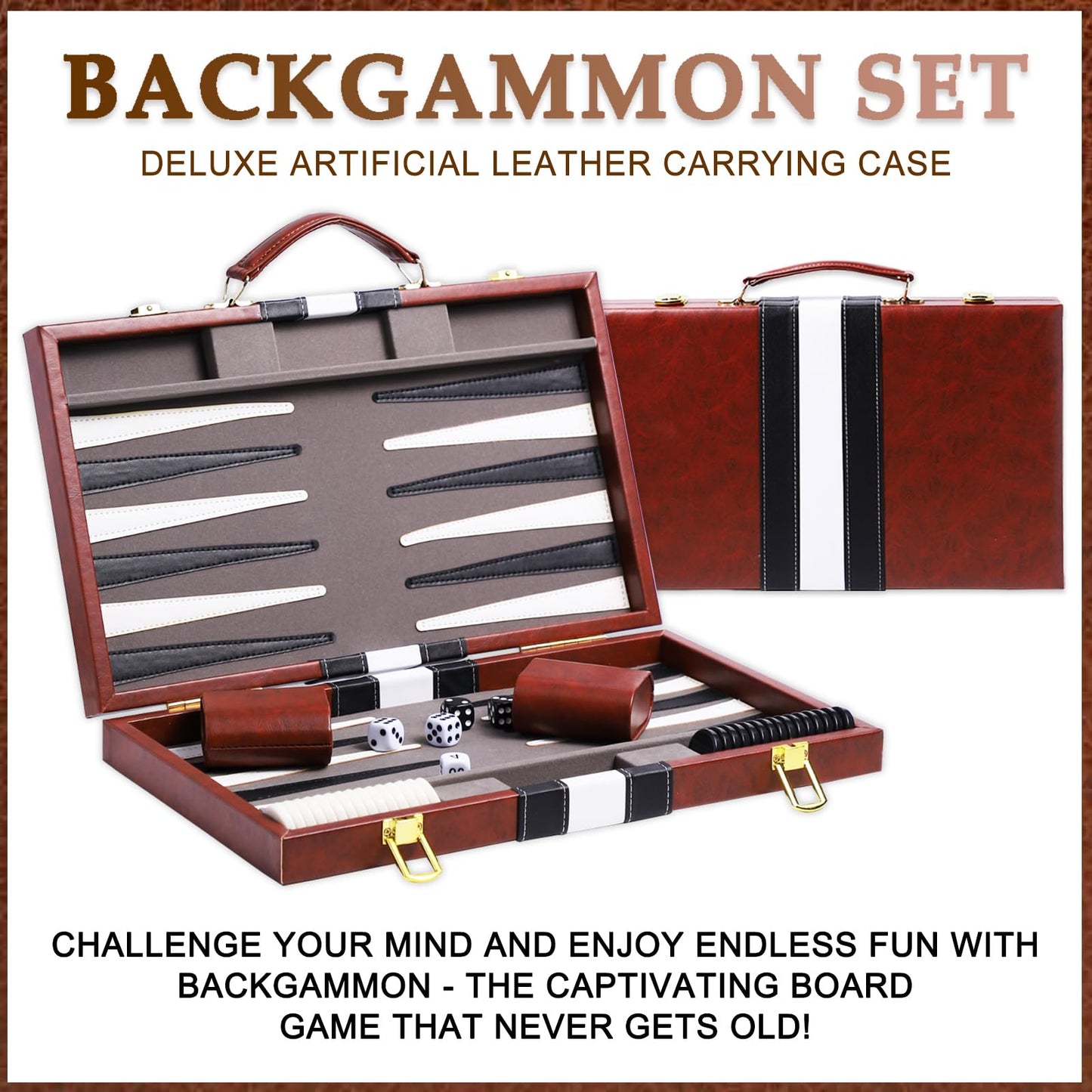 Backgn Sets for mature-themeds 15 Inch Backgn Brown Sets Classic Board Game with enhanced Leather Case  Portable Travels Strategy Backgn Game Set for mature-themeds  Kids (Brown)