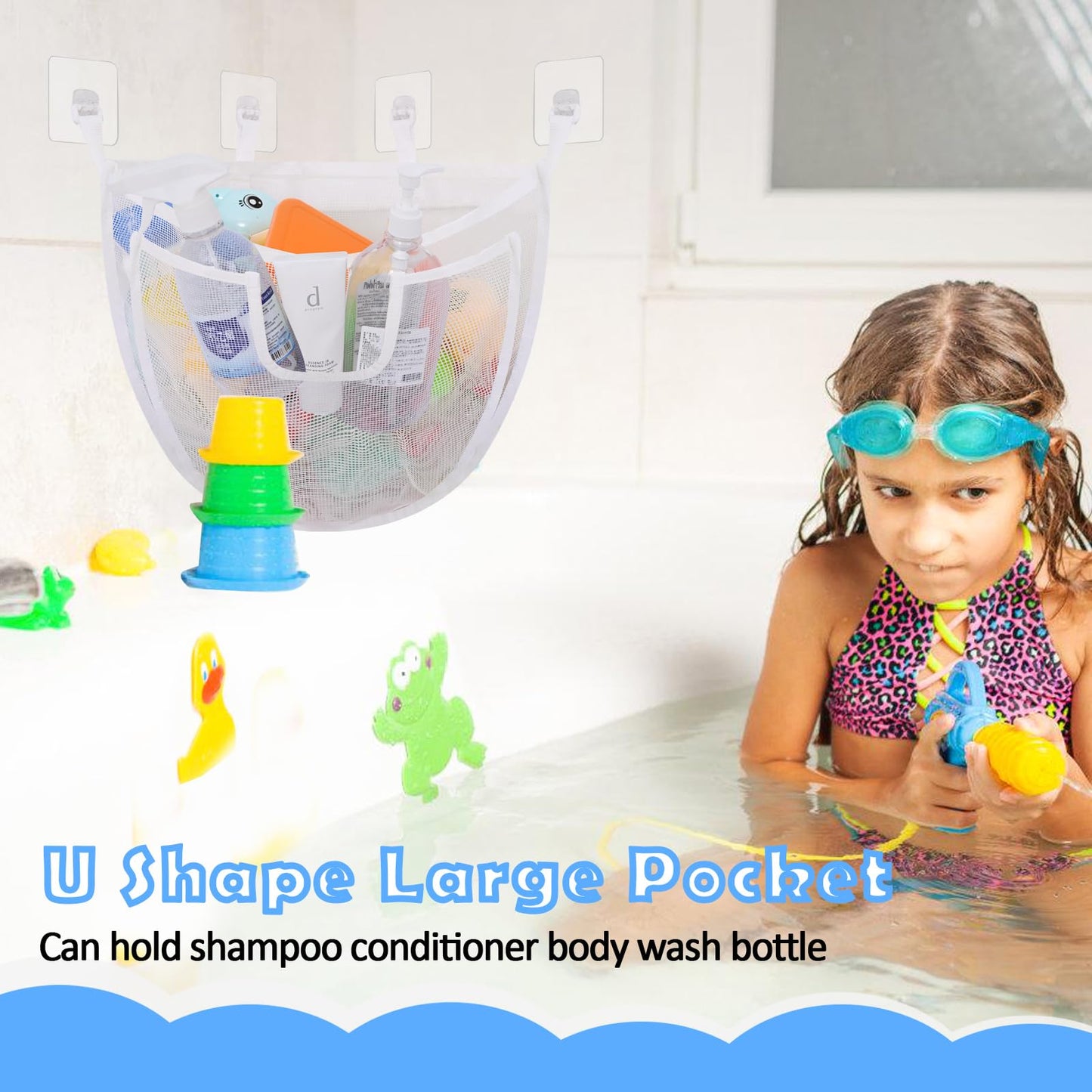Docmon Bath Toy Storage, Large Capacity Bath Toy Holder With Buttom Zipper, Quick Release Bathtub Toy Storage With Large Pocket,