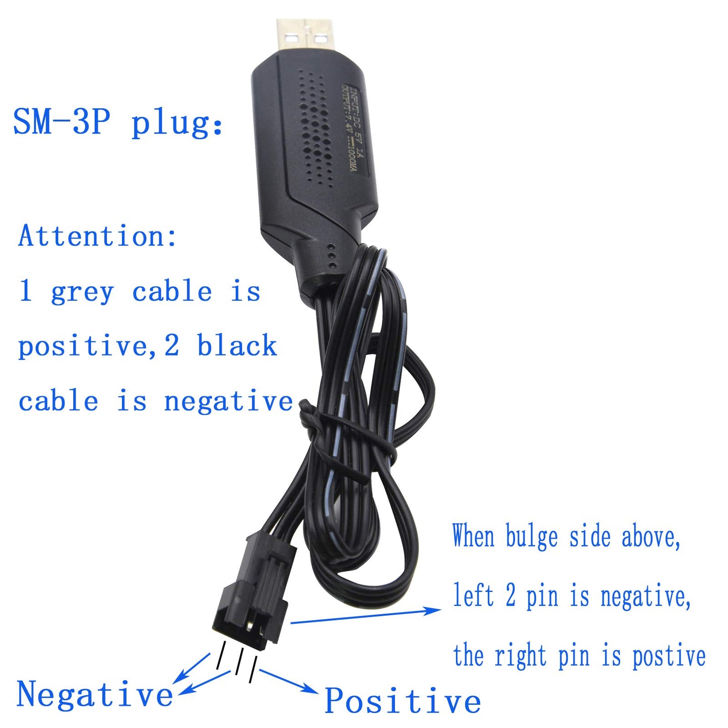 Blomiky 2 Pack 7.4V SM-3P USB Charger Cable for 7.4V 1300mAh Li-ion Battery with SM-3P Plug / 7.4V SM-3P 2