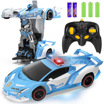 FDJ RC Cars - Transform Remote Control Car, 2.4Ghz 1:18 Scale Transforming Police Car Toy with Flashing Light, One Button Deform