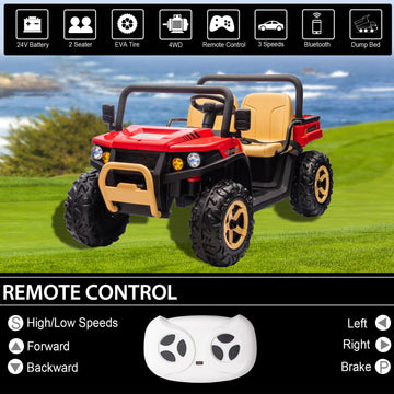 FINITO 24V 2 Seater Ride On Dump Truck,4WD Side by Side Kids UTV with Remote Control, Rubber-Plastic Polymerized EVA Tire Electr