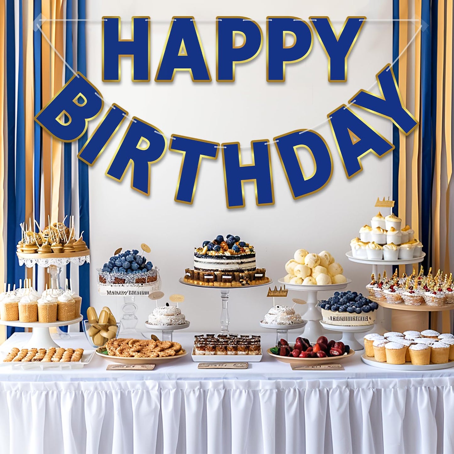 Litaus, Navy Blue Happy Birthday Banner - Pre-Strung, 9 Ft, No Diy | Birthday Decorations | Happy Birthday Sign For Birthday Dec