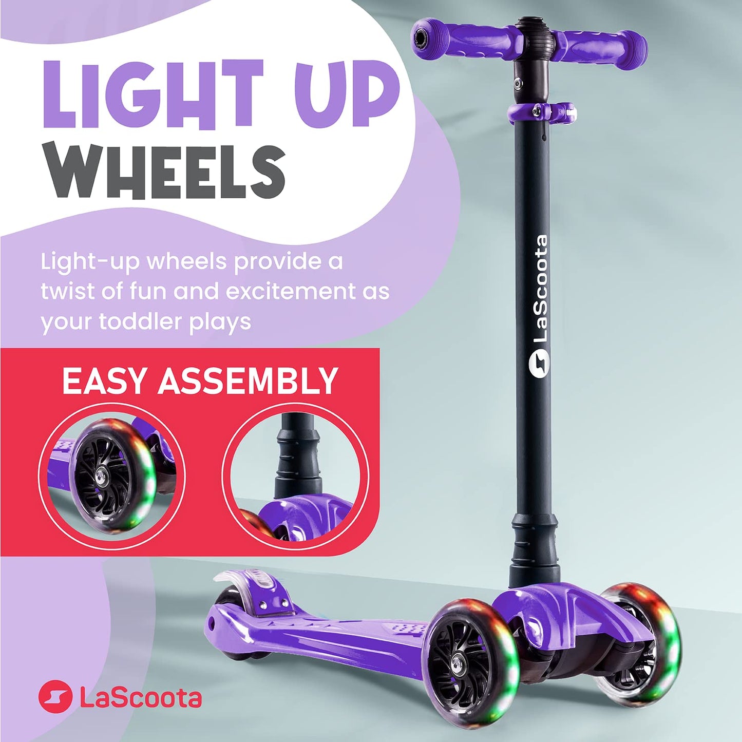 Lascoota 2-In-1 Kids Kick Scooter, Adjustable Height Handlebars And Removable Seat, 3 Led Lighted Wheels And Anti-Slip Deck, For