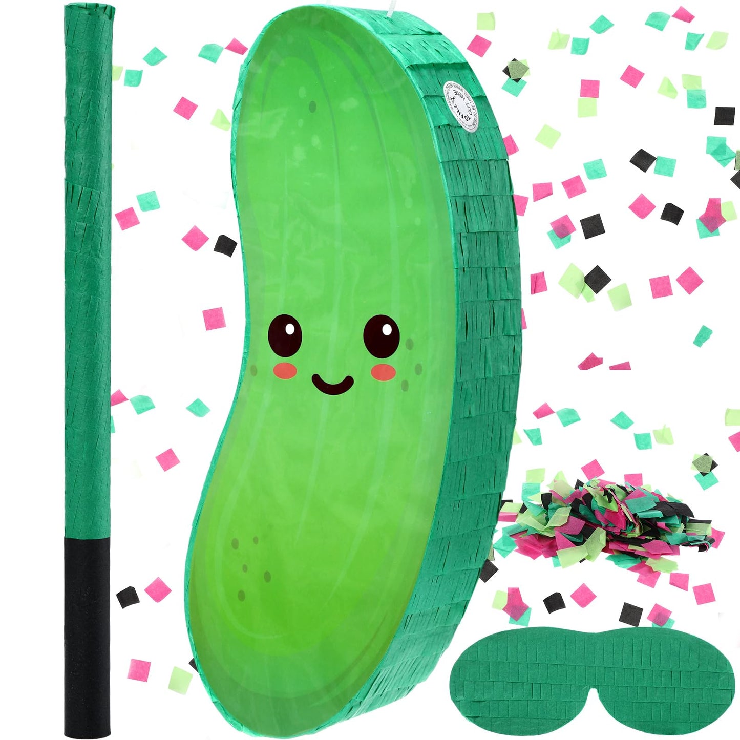 Sonwyoung Pickle Piata for Kids Birthday Party 15.7 x 6.7 x 2.8 Inches Cucumber Theme Piata with Bat Blindfold and Confetti for 