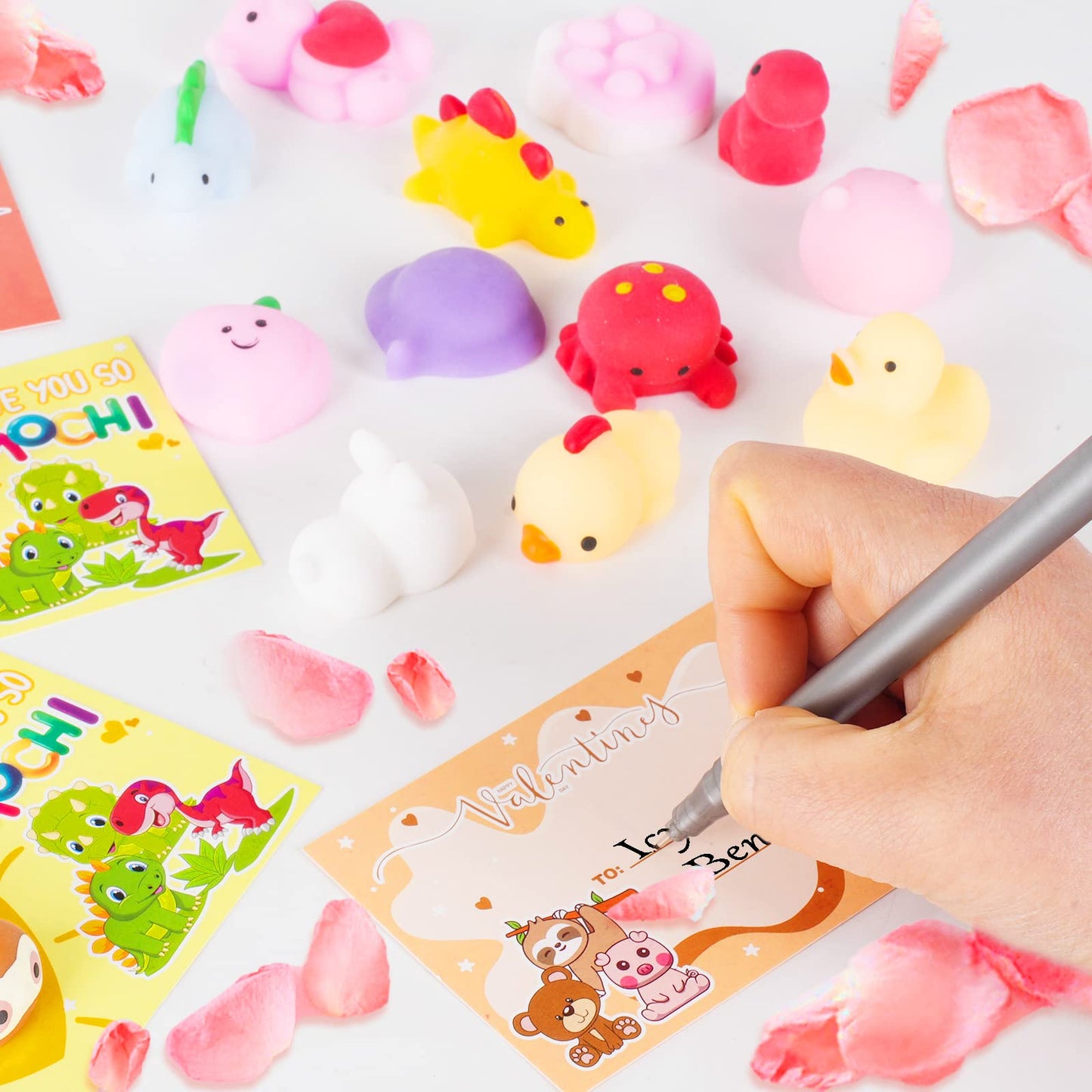 28 Packs Valentines Day Gift Cards with Cute Kawaii Mochi Squishy to Squeeze for Kids School Classroom Valentines Exchange Greet