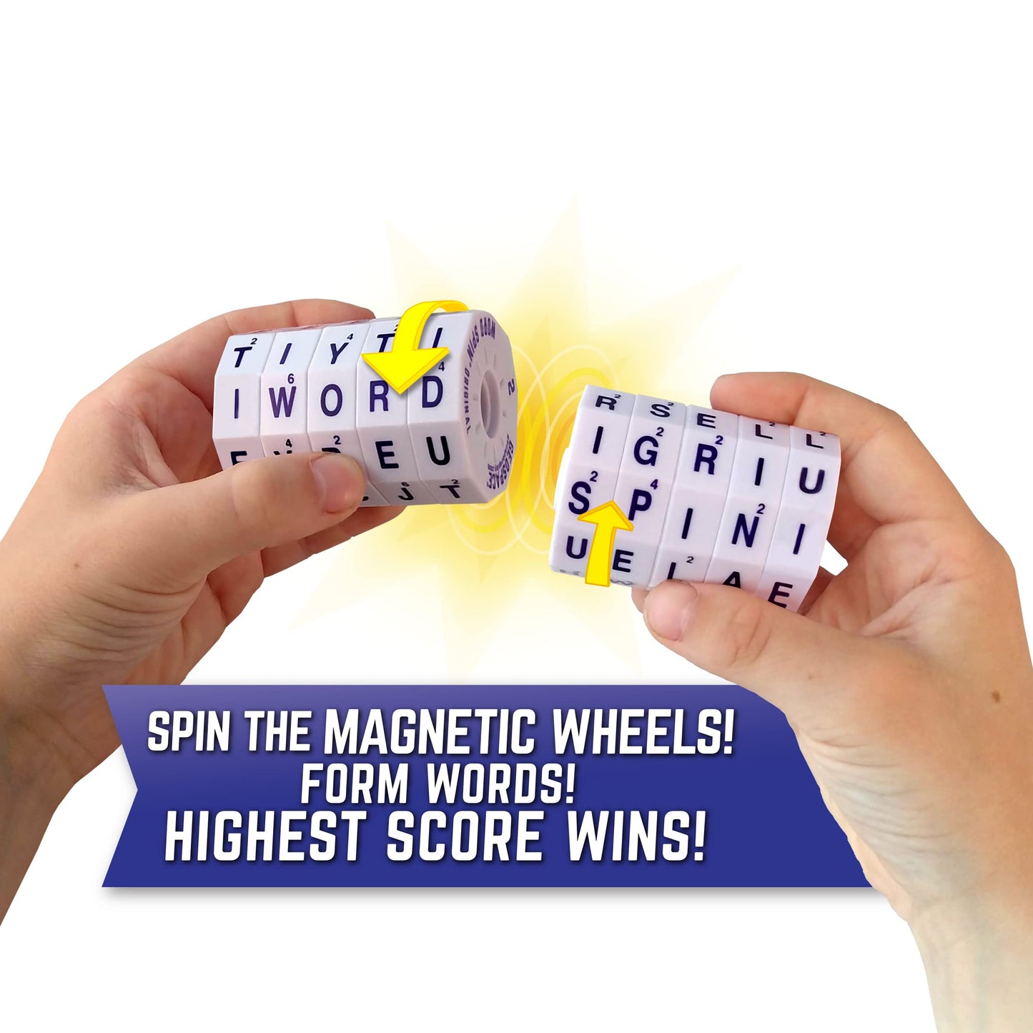 Geospace The Original Handheld Magnetic Spin Game  Take-Along Travel Edition with Storage Pouch (Challenge Word Spin with 10 Magnetic Wheels)