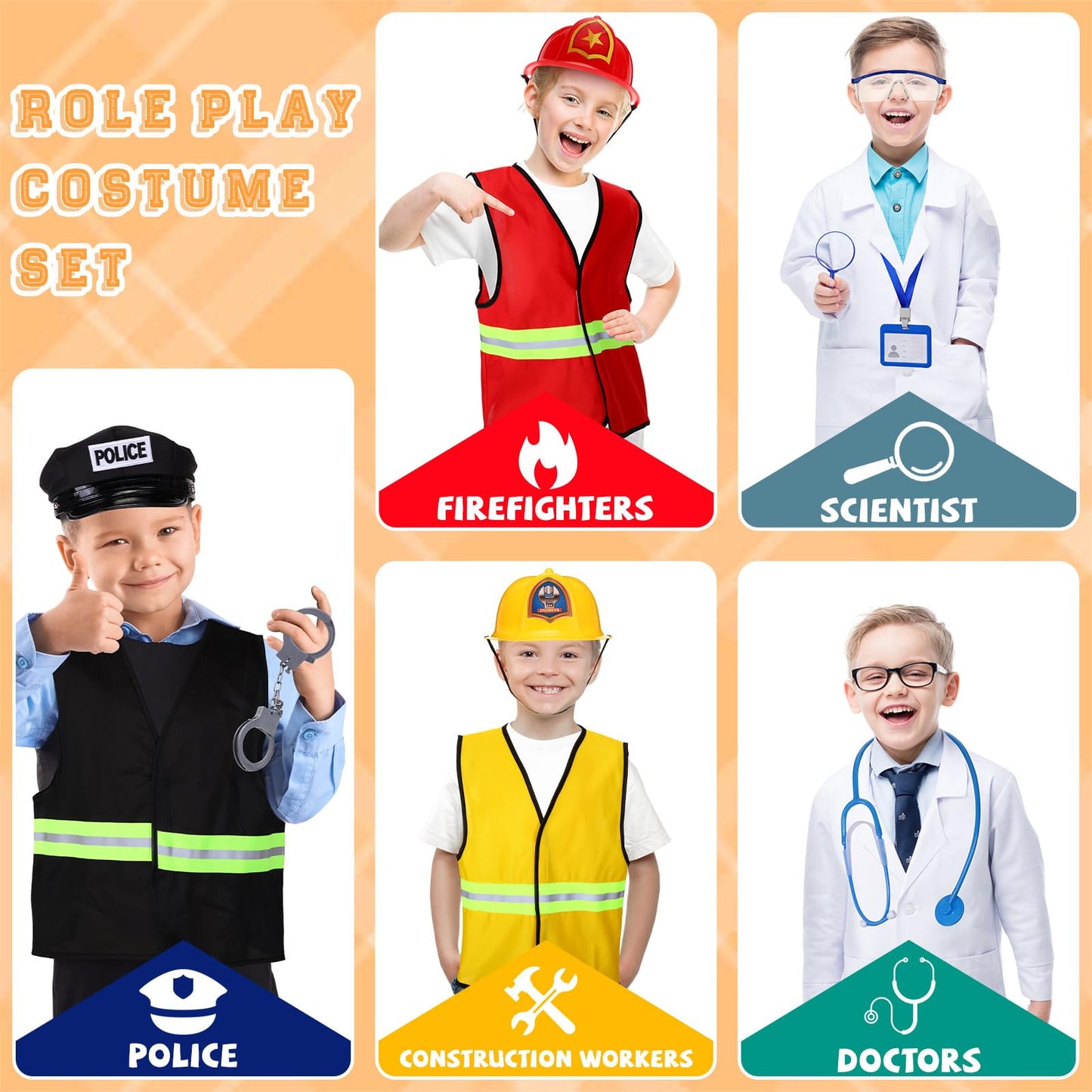 Vicenpal 4 Sets Kids Dress Up Costumes Police Officer Costume Doctor Construction Worker Fireman Costume Scientist Lab Dress Up