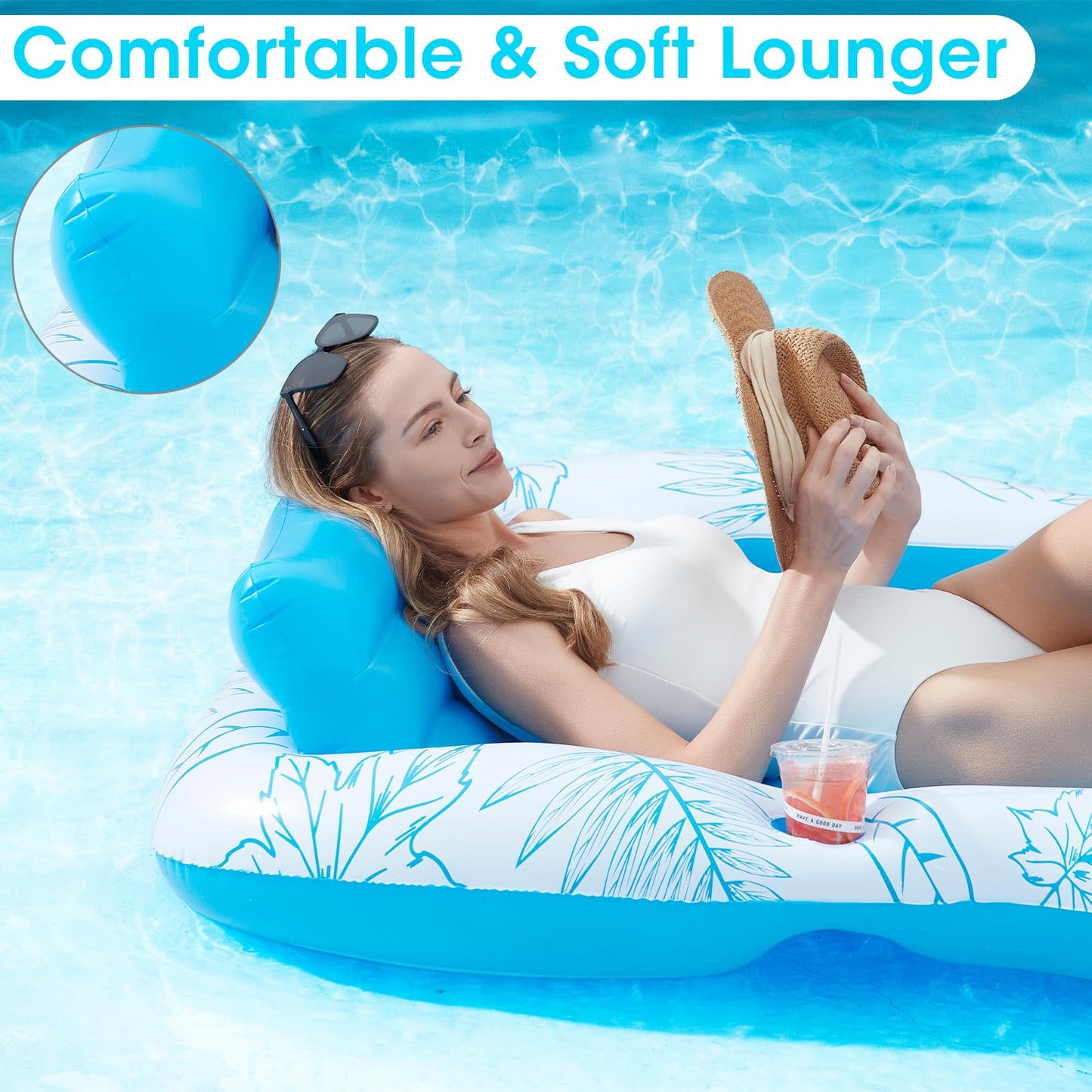 Inflatable mature-themed Pool Lounger Float - BAIAI Large Beach Sun Tanning Floaty Raft Sunbathing Water Lounge Floaties Tub with Drink Holder - Blow Up River & Lake Suntan Floating Swimming Mattress Mat(XL)