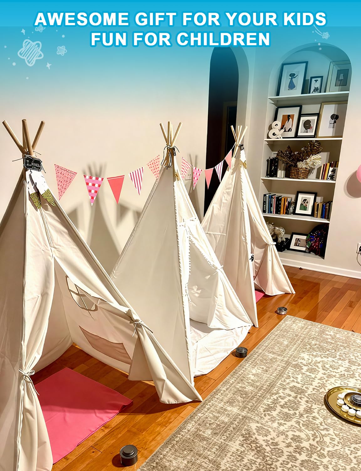 Wilwolfer Teepee Tent for Kids - 4 Pack Portable Playhouse with Star Lights & Color Flags, White Polyester - Toddler Reading Nook Gift